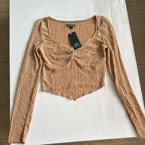 Wild Fable Tan Ribbed Tie Front Crop Blouse